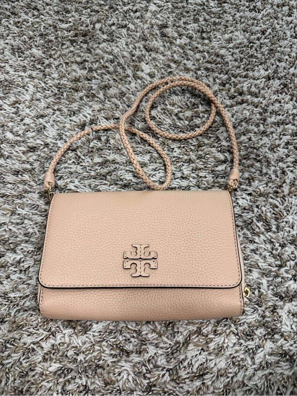Tory Burch Blush Tan Pebbled Leather Crossbody with Braided Strap